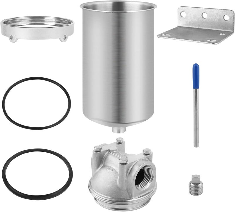Amwater حاوية فلتر مياه منزلية من الفولاذ المقاوم للصدأ NSF/ANSI 42، نظام فلتر مياه رسوبي 5" × 2.5" للاستخدام الثقيل، مياه الآبار والمدن، منفذ NPT 3/4"، صمام تصريف نمط C - Image 1